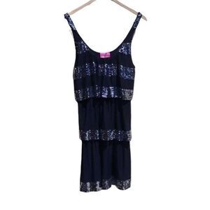 32 Flavors Dress Flapper Sequined‎ Striped Tiered Sleeveless Mini Black Sz XS
